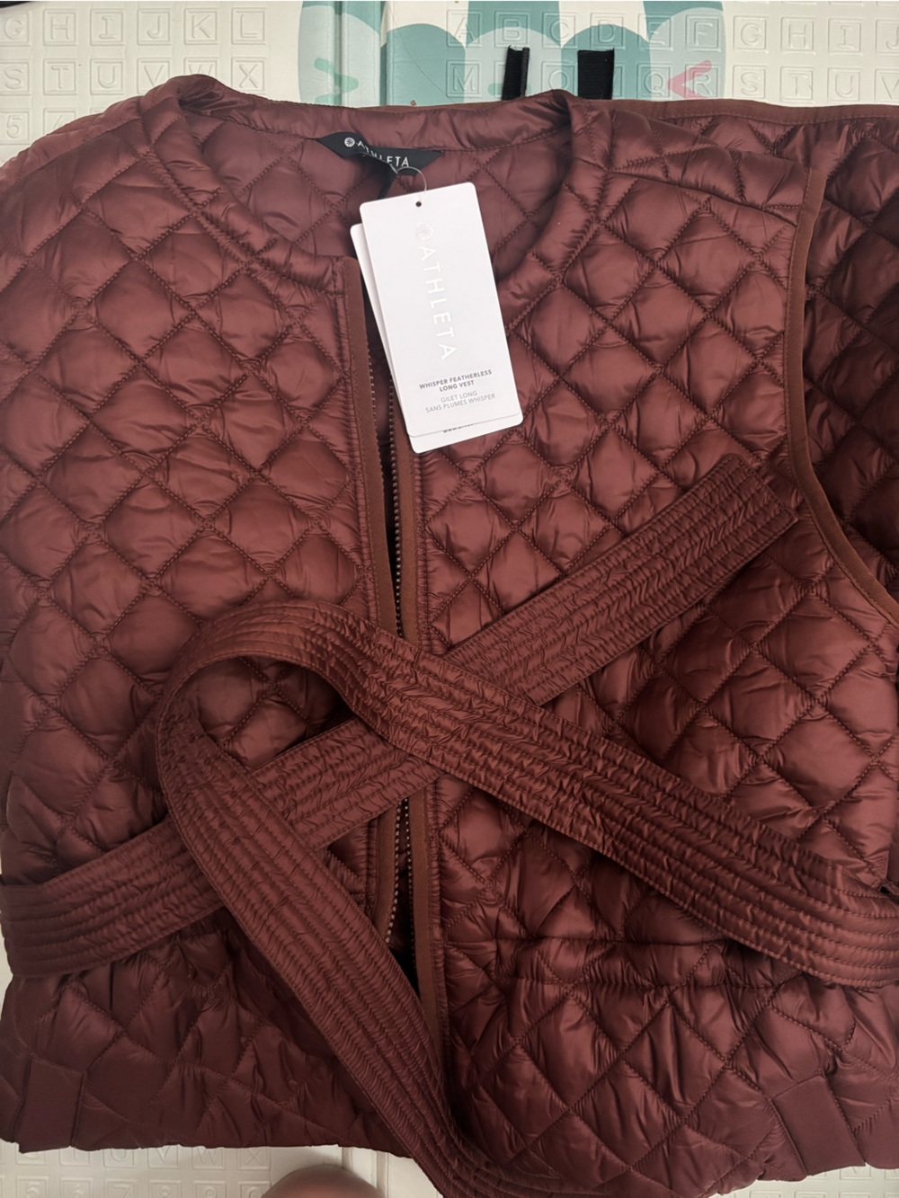 Athleta Long Quilted Belted Vest in Deep Mahogany Brown